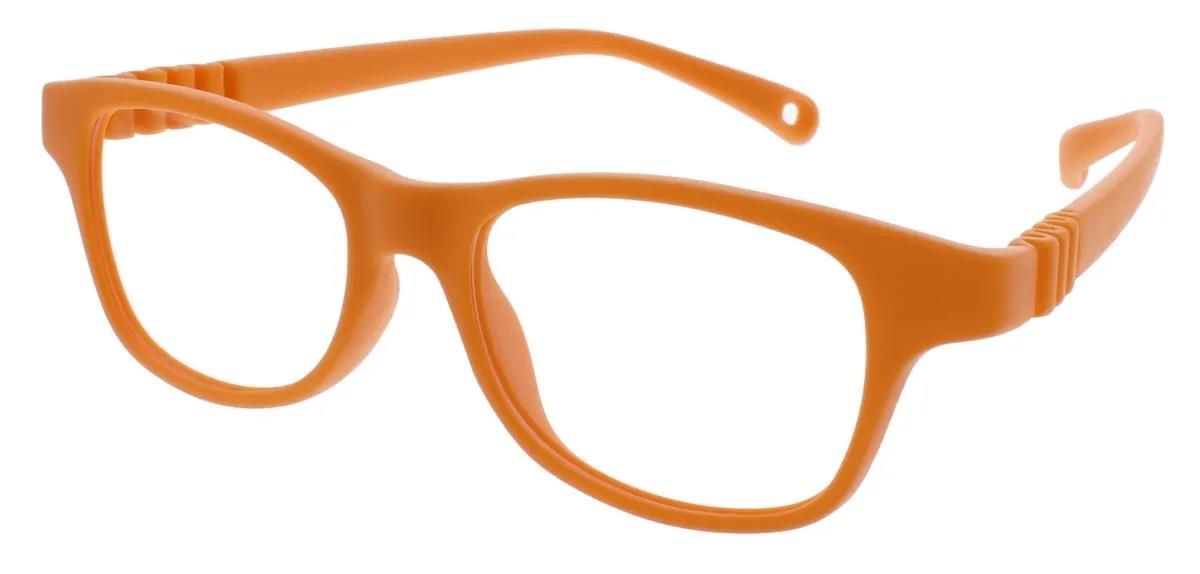 Dilli Dalli Rainbow Cookie frames in bright orange, featuring a flexible, screw-less design for pediatric wearers.