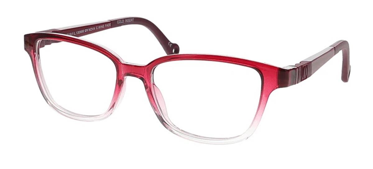 Demi + Dash Nova children's eyeglasses frame in a wine-to-clear gradient fade finish, with a slightly cat-eye silhouette and decorative temple detailing,
