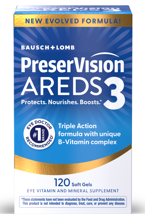 Une vue de face de l'emballage du complément vitaminé et minéral oculaire PreserVision AREDS 3 de Bausch + Lomb. L'emballage affiche un design bleu rayonnant, une bannière dorée indiquant « Nouvelle Formule Évoluée ! » en haut, et précise qu'il s'agit de la marque n°1 recommandée par les ophtalmologistes. Le bas de la boîte indique une contenance de 120 capsules molles.