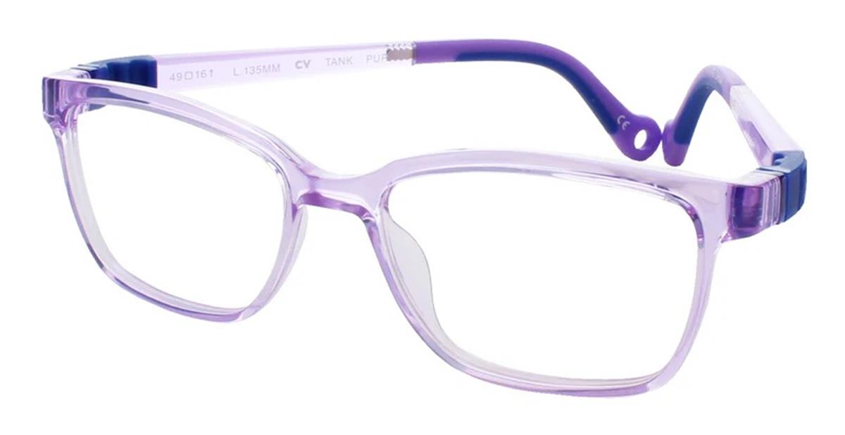 Demi + Dash Tank children's eyeglasses frame in translucent purple with flexible sport-style temple tips featuring a strap loop, displayed at a three-quarter angle.