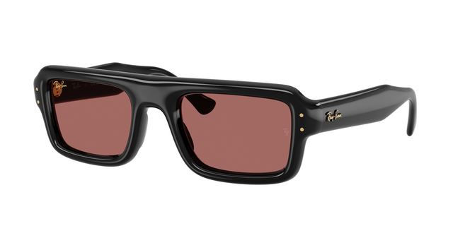 Lunettes Ray-Ban Flacko Puffer (Modèle 0RB4954) à monture rectangulaire surdimensionnée noire au design bombé et verres marron-rose.