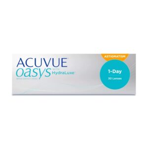 Packaging of ACUVUE OASYS 1-Day with HydraLuxe contact lenses for Astigmatism, 30 lenses, on a white background.