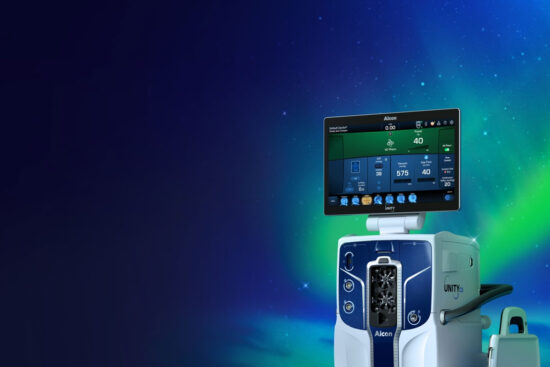 Alcon UNITY CS cataract surgical system — a next-generation standalone platform featuring a large touchscreen interface displaying surgical parameters including IOP, vacuum, aspiration flow, and 4D Phaco mode, mounted on a blue and white console, shown against a deep blue background with green aurora-like lighting.