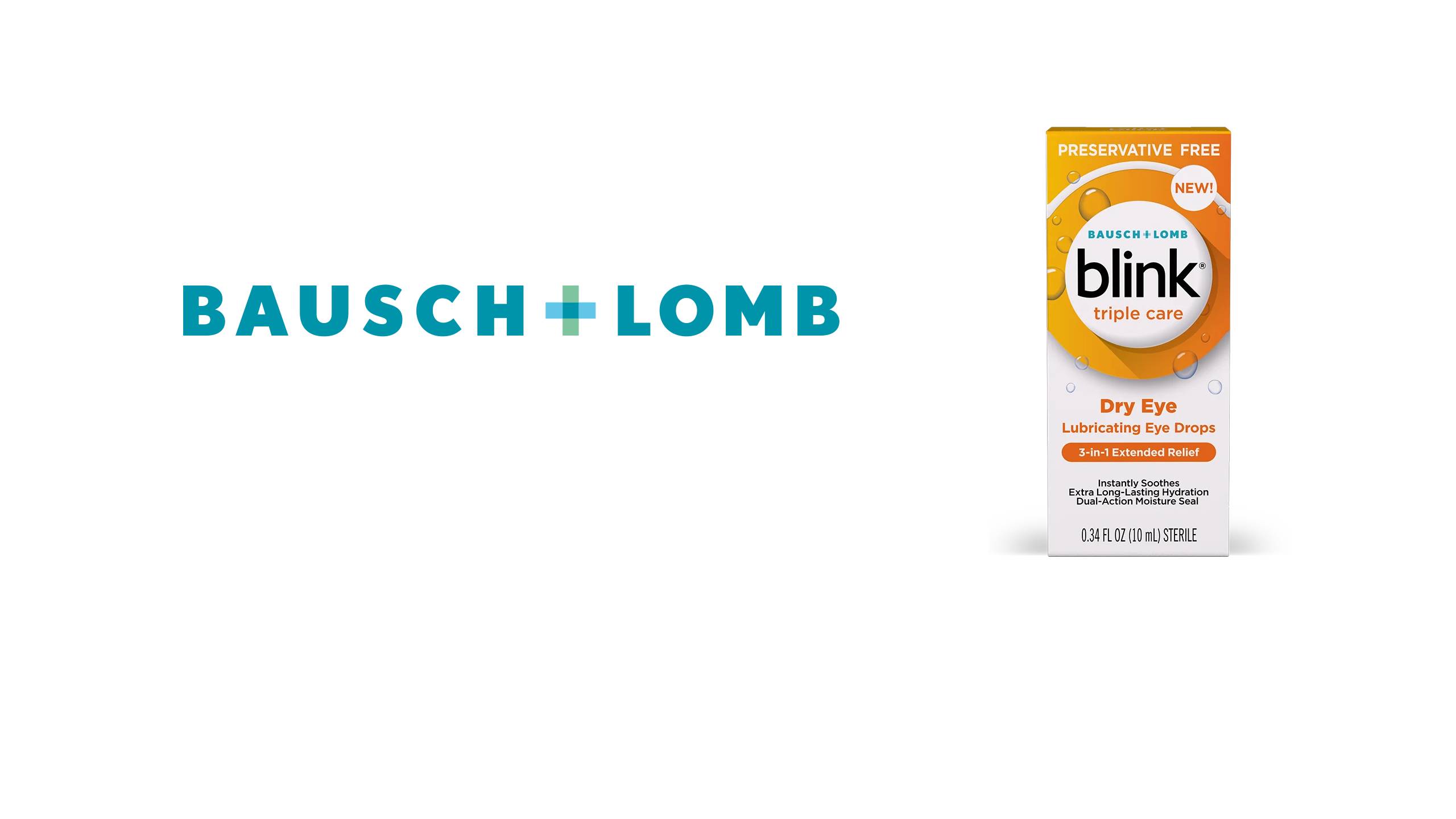 Logo de Bausch + Lomb à côté d'une boîte de gouttes ophtalmiques lubrifiantes pour les yeux secs Blink Triple Care sans conservateur.