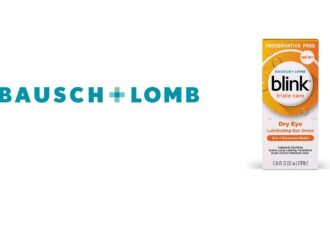 Bausch + Lomb logo next to a product box of Blink Triple Care Preservative Free Dry Eye Lubricating Eye Drops.