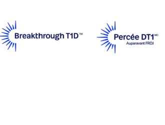 Breakthrough T1D logo alongside its French version, Percée DT1 (Auparavant FRDJ), featuring a blue stylized sunburst icon next to the text.