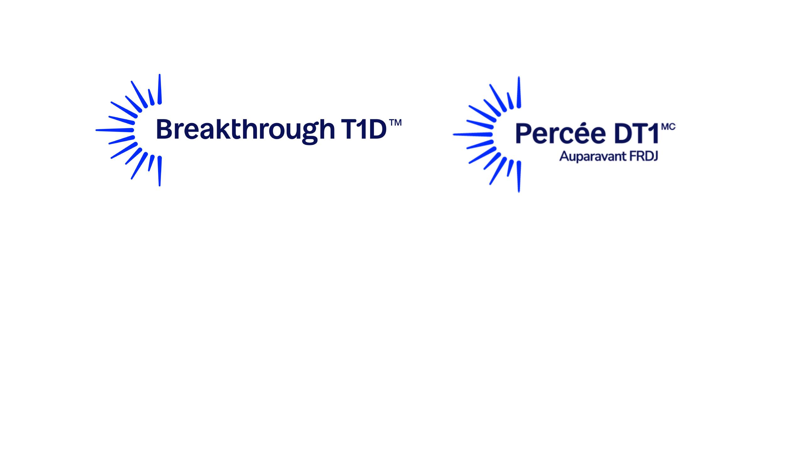 Breakthrough T1D logo alongside its French version, Percée DT1 (Auparavant FRDJ), featuring a blue stylized sunburst icon next to the text.