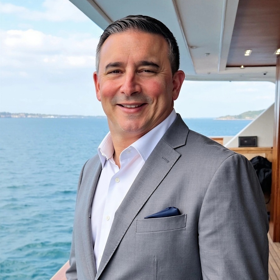 ortrait de face de Dan Stegall, un homme souriant aux cheveux courts et foncés, portant une veste de costume gris clair, une chemise blanche et une pochette bleu marine, posant à l'extérieur sur le pont d'un bateau avec l'océan bleu et une côte lointaine en arrière-plan.