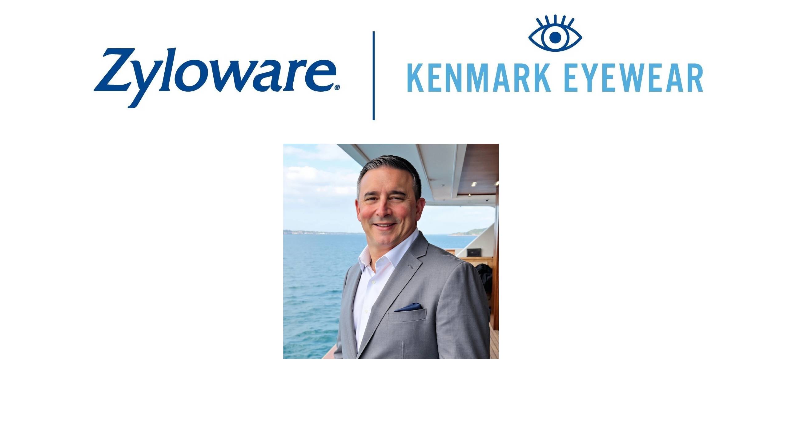Graphic banner featuring the Zyloware and Kenmark Eyewear logos side-by-side at the top, with a centered, square headshot of Dan Stegall smiling in a grey suit on a boat deck beneath them.