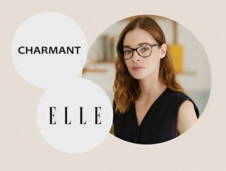 Promotional image celebrating the partnership between CHARMANT and ELLE. The design features the CHARMANT and ELLE logos inside overlapping white circles alongside a portrait of a woman wearing black eyeglasses, set against a soft beige background.