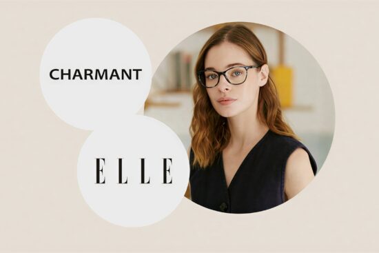 Promotional image celebrating the partnership between CHARMANT and ELLE. The design features the CHARMANT and ELLE logos inside overlapping white circles alongside a portrait of a woman wearing black eyeglasses, set against a soft beige background.
