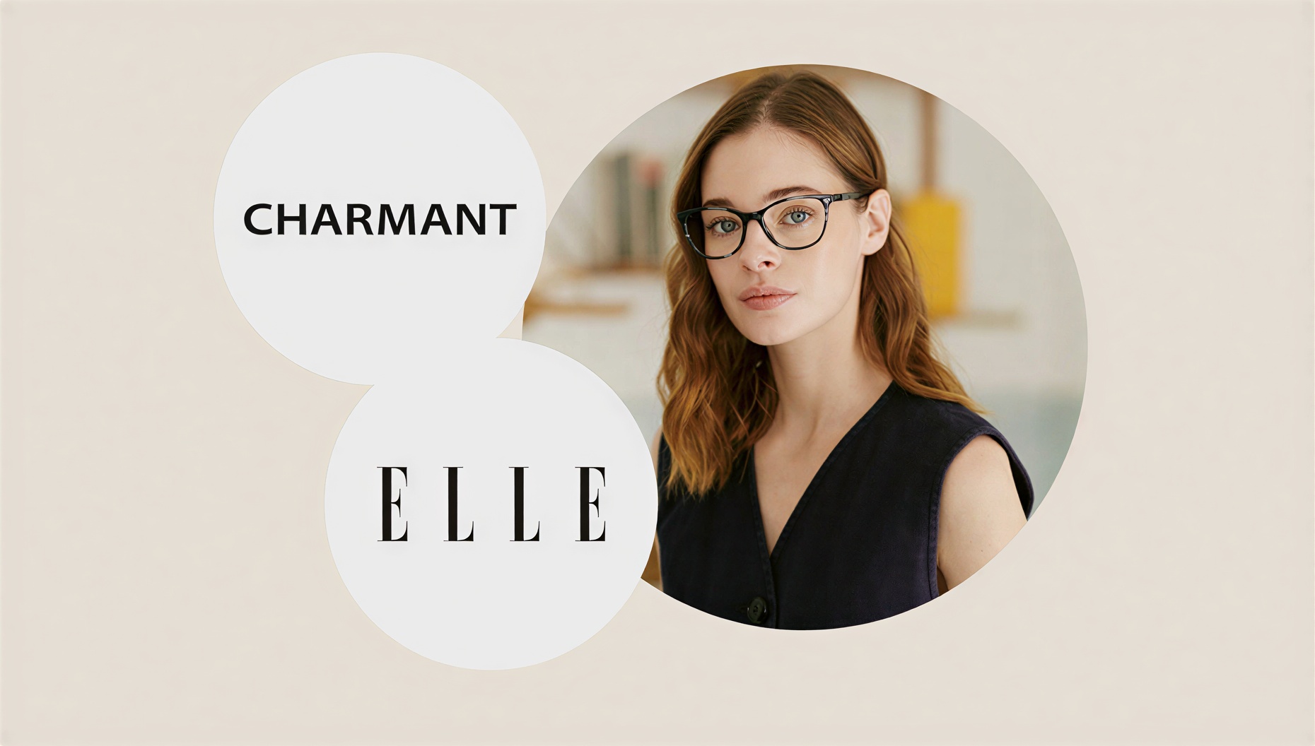 Promotional image celebrating the partnership between CHARMANT and ELLE. The design features the CHARMANT and ELLE logos inside overlapping white circles alongside a portrait of a woman wearing black eyeglasses, set against a soft beige background.