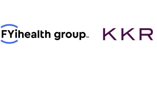 Side-by-side logos of FYihealth Group and KKR on a white background. The FYihealth Group logo features blue curved lines forming a circular motif above black text reading 'FYihealth group' with a trademark symbol. The KKR logo displays the letters 'K K R' in a deep purple gradient.