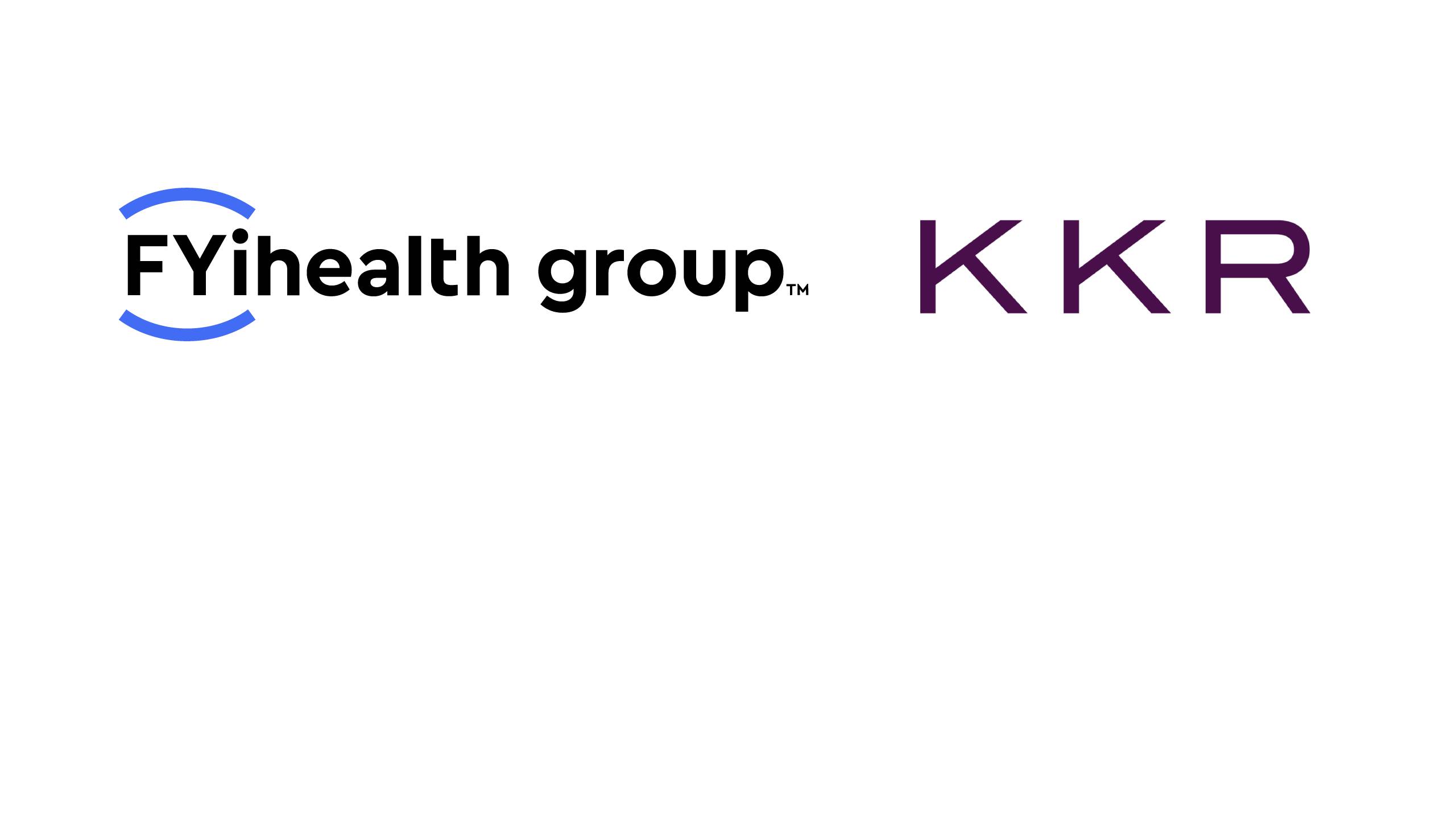 Side-by-side logos of FYihealth Group and KKR on a white background. The FYihealth Group logo features blue curved lines forming a circular motif above black text reading 'FYihealth group' with a trademark symbol. The KKR logo displays the letters 'K K R' in a deep purple gradient.