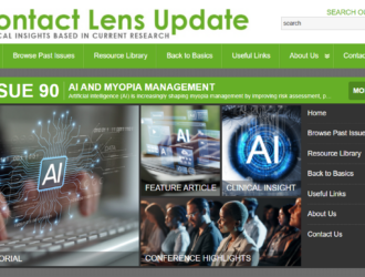 Contact Lens Update website homepage showing Issue 90 on AI and Myopia Management