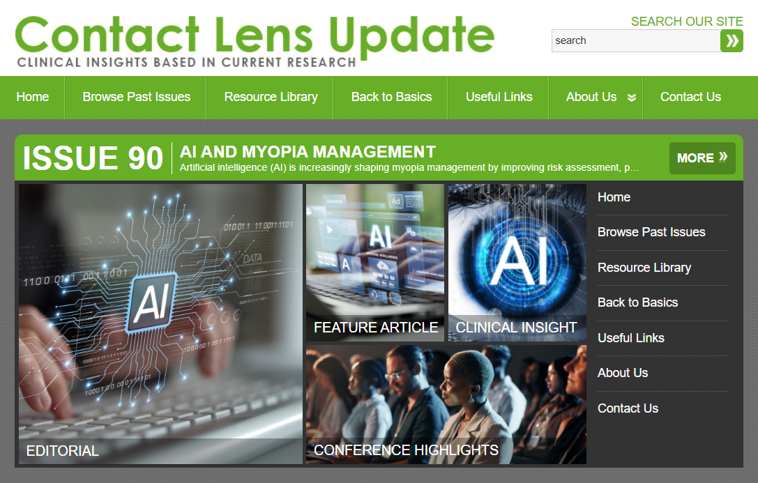 Contact Lens Update website homepage showing Issue 90 on AI and Myopia Management