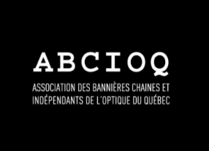 Logo de l'ABCIOQ en texte blanc sur fond noir. Le sigle « ABCIOQ » apparaît en grandes lettres, suivi du nom complet : « Association des bannières chaînes et indépendants de l'optique du Québec ».