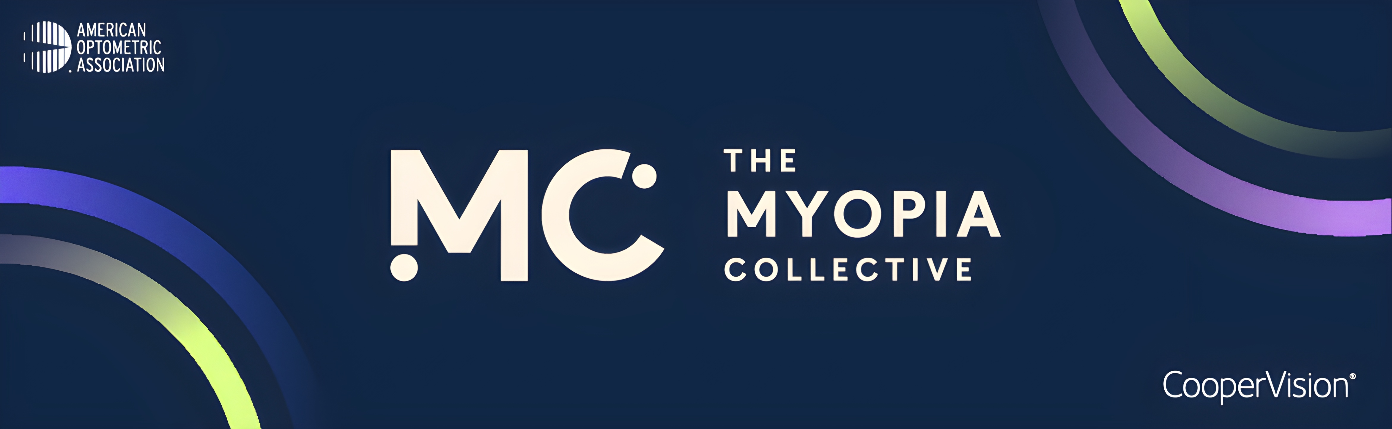 Bannière de The Myopia Collective avec le logo « MC » sur un fond bleu marine orné d'arcs dégradés colorés en bleu, violet et vert. Le logo de l'American Optometric Association apparaît en haut à gauche, et le logo de CooperVision en bas à droite.