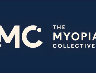 Banner for The Myopia Collective featuring the 'MC' logo on a navy blue background with colorful gradient arcs in blue, purple, and green. The American Optometric Association logo appears in the top left corner, and the CooperVision logo appears in the bottom right corner.