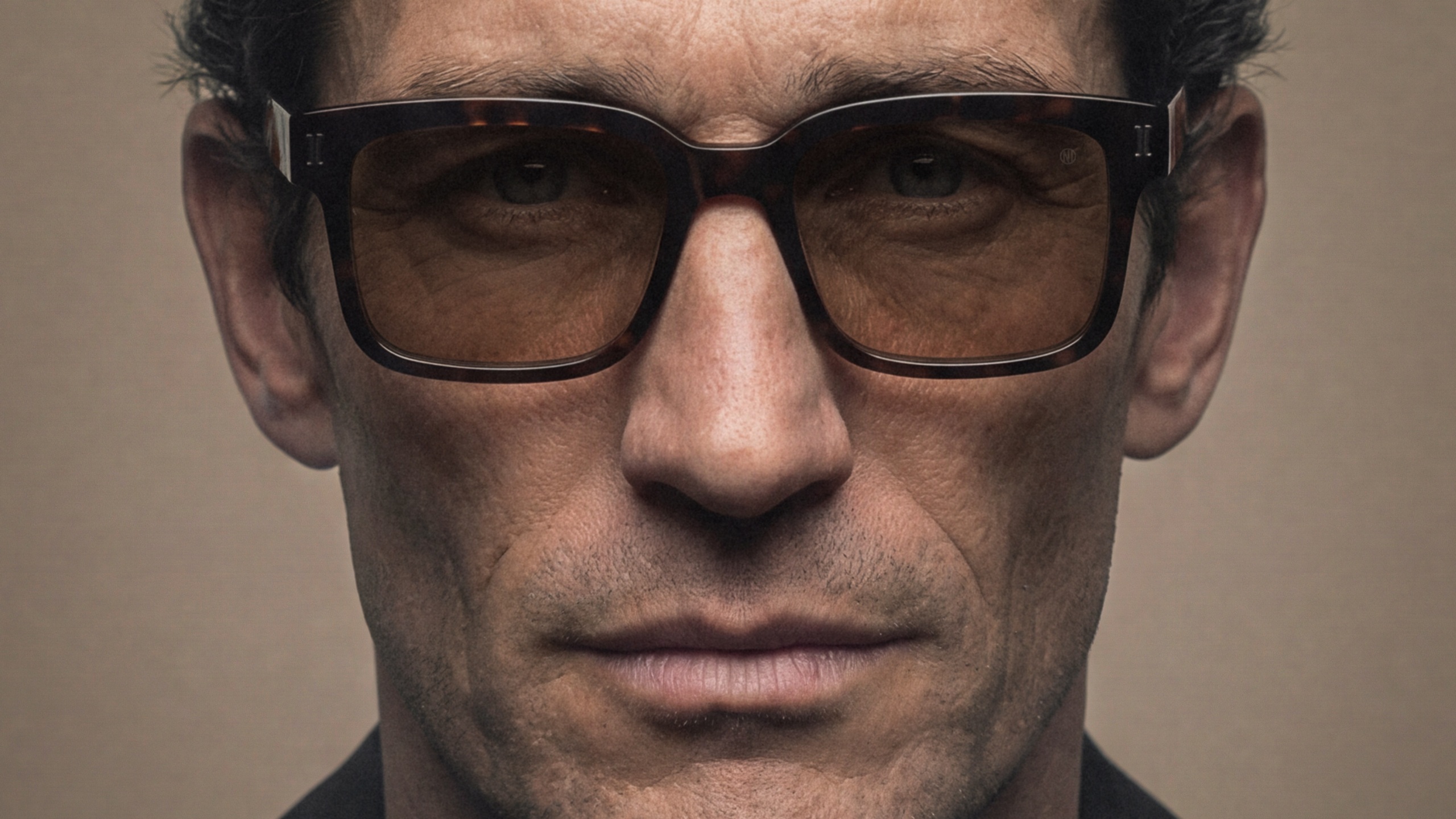 Close-up portrait of a man wearing thick, square, dark tortoiseshell sunglasses with tinted lenses from the NIRVAN JAVAN SHADES OF MILAN collection.