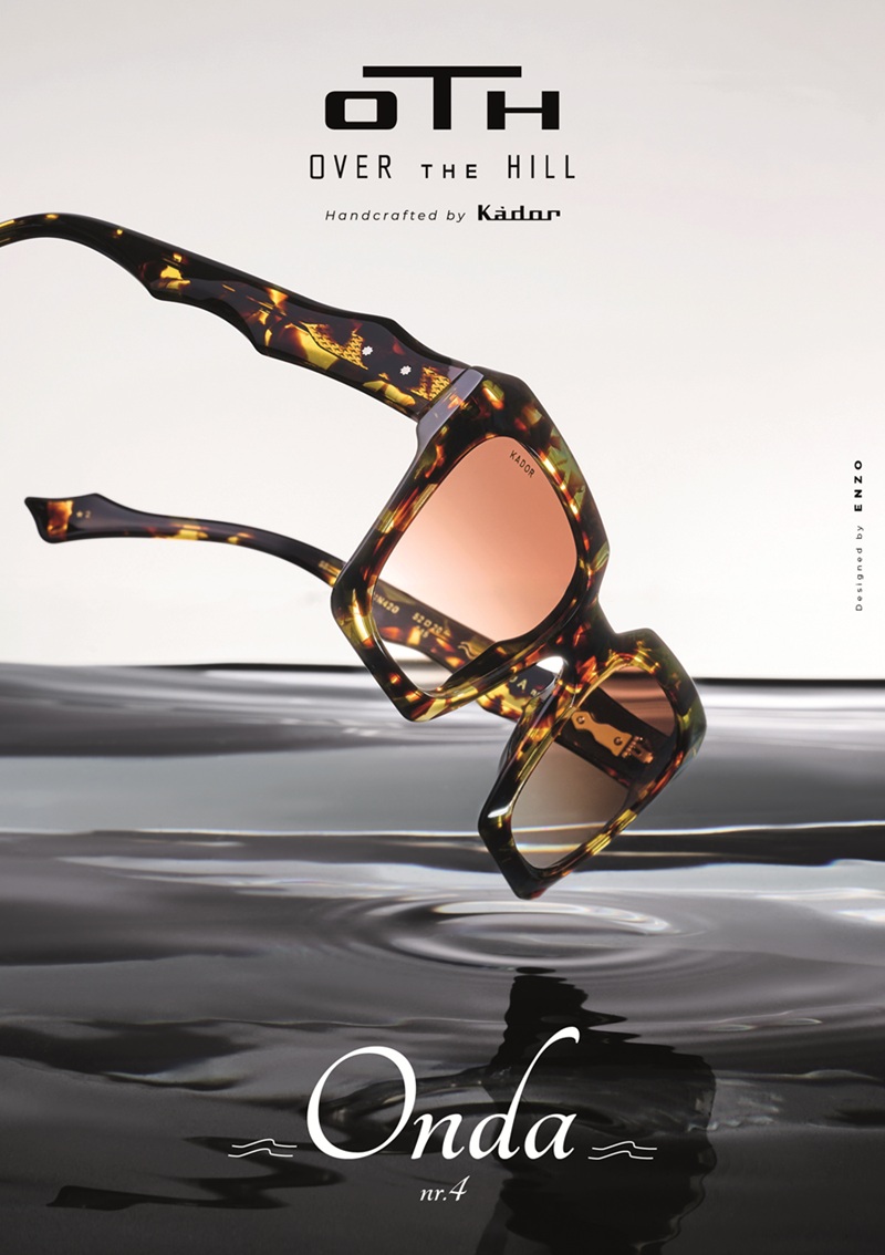 Campaign poster for O.T.H. Onda nr.4 featuring tortoise shell sunglasses reflecting over rippling dark water.