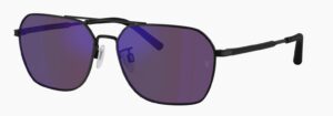 Oliver Peoples x Roger Federer R-17 sunglasses in Matte Black with Royal Purple Mirror lenses, featuring an angular square shape and a double bridge detail.