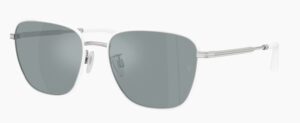 Oliver Peoples x Roger Federer R-18 polarized sunglasses in White Silver with Grey Flash Mirror lenses, showcasing a refined square frame and subtle upswept lens design.