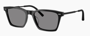 Oliver Peoples x Roger Federer R-19 classic rectangular polarized sunglasses in Black with Iron Wash to Dark lenses, highlighting strong angles and custom temple detailing.