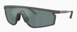 Oliver Peoples x Roger Federer R-20 shield sunglasses in Anthracite with Grey Flash Mirror lenses, featuring a seamless wrapped sport-performance construction.