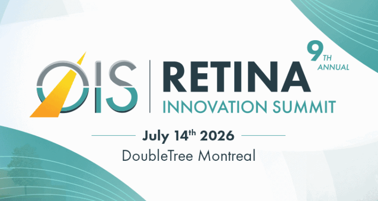 Bannière du 9e Sommet annuel OIS sur l’innovation en rétine, qui se tiendra le 14 juillet 2026 au DoubleTree Montréal. Le visuel présente le logo OIS, un hôtel et une salle de conférence avec des participants.
