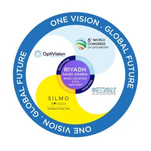 Un badge graphique circulaire d'événement avec un anneau extérieur bleu indiquant "ONE VISION . GLOBAL FUTURE". Le centre présente un motif de moulin à vent avec les logos d'OptiVision, du 6th World Congress of Optometry, de la SSM 2027 et de SILMO Riyadh. Le cercle central violet indique "RIYADH SAUDI ARABIA, RICEC LOCATION, 2-3-4 April 2027", entouré de segments marqués "Technology", "Scientific", "Education" et "Trend & Business".