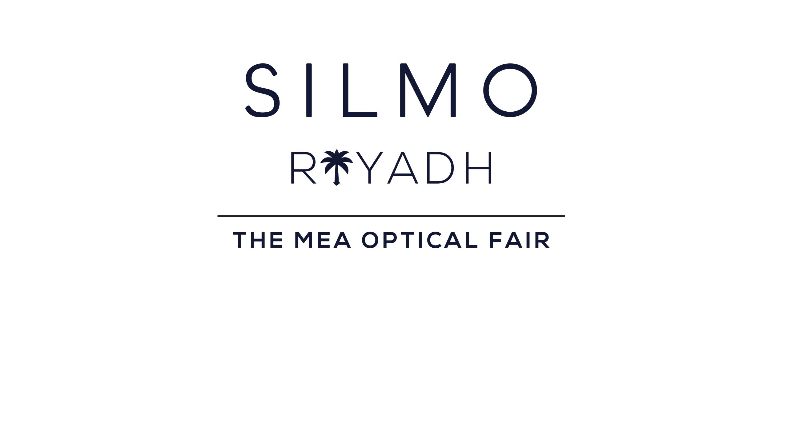 A minimalist logo on a white background with dark text reading "SILMO" on the first line, "RIYADH" on the second line with a palm tree icon replacing the letter 'I', and "THE MEA OPTICAL FAIR" on the third line separated by a thin horizontal line.