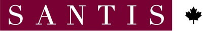 Le logo de Santis présentant un design horizontal divisé en deux parties. À gauche, le mot « SANTIS » est écrit en lettres majuscules blanches avec empattement, largement espacées, sur un rectangle bordeaux uni. À droite, un carré blanc plus petit affiche la silhouette noire et épurée d'une feuille d'érable canadienne.