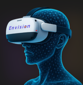 Une figure humaine numérique en filaire portant un casque VR blanc de marque « Envision » en texte violet et orange, vue de profil sur fond sombre. La figure est rendue en lignes géométriques lumineuses de couleur bleue.