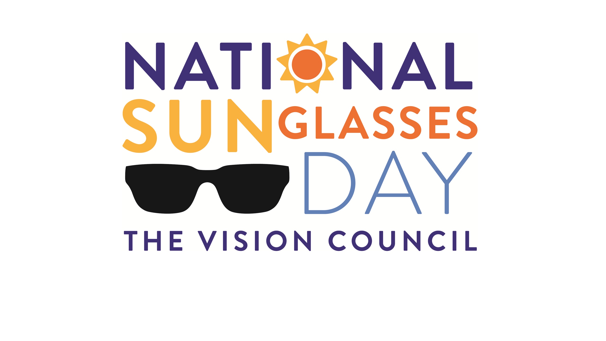 Logo de la Journée nationale des lunettes de soleil (« National Sunglasses Day ») de The Vision Council. Le visuel présente le texte « National Sunglasses Day » en lettres violettes, orange et bleues, avec une icône de soleil remplaçant la lettre « O » dans « National » et une illustration de lunettes de soleil noires sous le texte. La mention « The Vision Council » apparaît en violet au bas du logo.