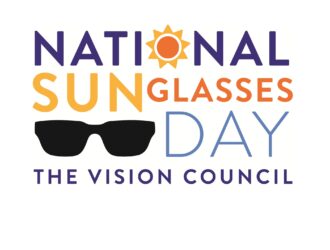 Logo for National Sunglasses Day by The Vision Council. The design features the words "National Sunglasses Day" in purple, orange, and blue lettering, with a sun icon replacing the "O" in "National" and a black sunglasses graphic beneath the text. "The Vision Council" appears in purple at the bottom.