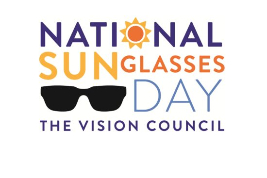 Logo for National Sunglasses Day by The Vision Council. The design features the words "National Sunglasses Day" in purple, orange, and blue lettering, with a sun icon replacing the "O" in "National" and a black sunglasses graphic beneath the text. "The Vision Council" appears in purple at the bottom.