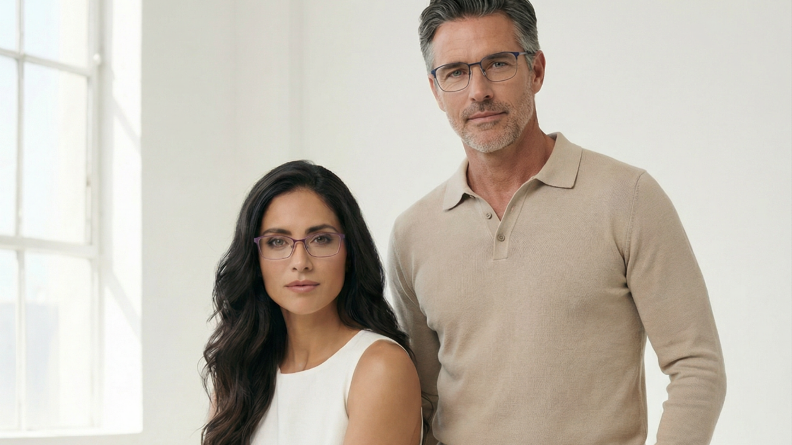 A promotional studio portrait of a woman and a man posing against a bright, minimalist white background next to a window. The woman in the foreground has long dark hair, wearing a white top and purple rectangular titanium eyeglasses. The man standing behind her has short, greying hair and a beard, wearing a beige polo sweater and blue rectangular titanium glasses.