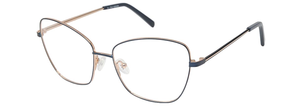 Lunettes de vue de forme papillon pour femmes, dotées d'une fine monture bleu marine et de branches rose doré.