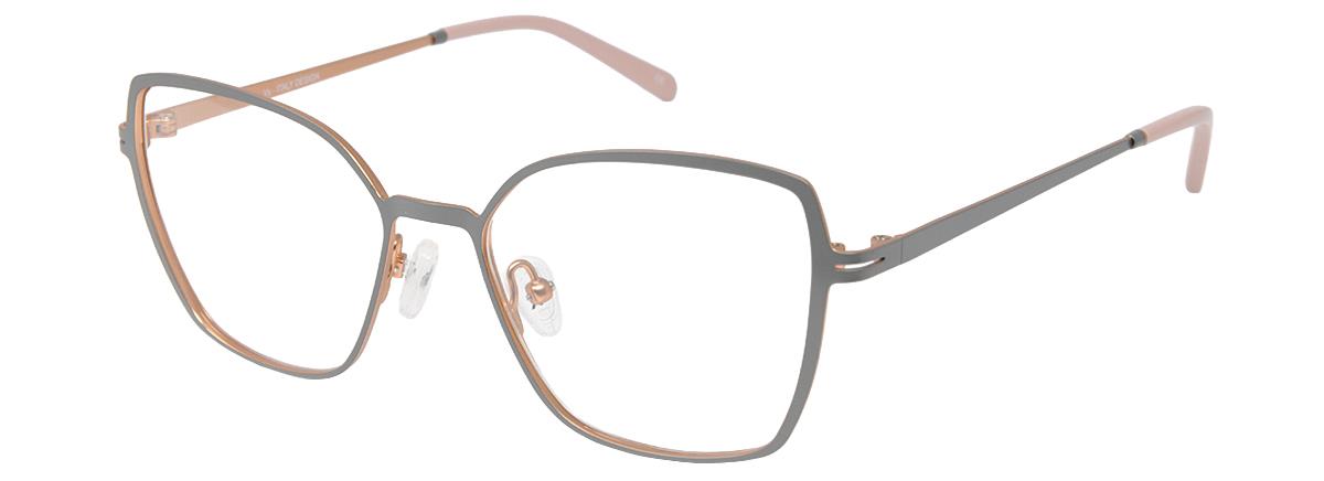 A pair of women's geometric, soft cat-eye glasses featuring a matte grey flat metal front rim contrasted with a metallic rose gold inner lining and temples. The glasses are displayed at a three-quarter angle against a white background.