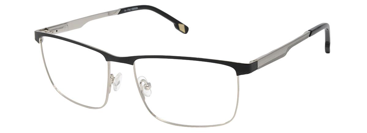 A pair of men's semi-rimless rectangular eyeglasses. The frame features a sleek matte black brow bar and temples accented by polished silver wire rims on the lower half of the clear lenses.