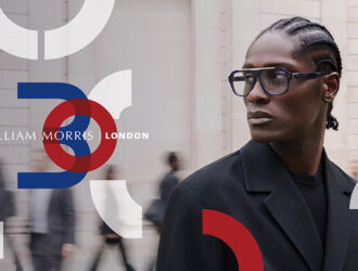 William Morris London 30th anniversary campaign banner featuring a model wearing dark blue Royal aviator glasses on a London city street background with the 30 years monogram logo.