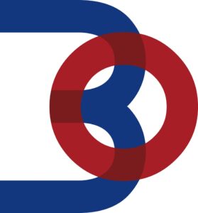 Logo monogramme du 30ème anniversaire de William Morris London avec un design géométrique superposant un chiffre 3 bleu et un cercle rouge.