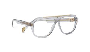 Lunettes de vue aviateur William Morris London Black Label Royal COL 1115 en acétate transparent avec barre supérieure et détails des branches en métal doré.