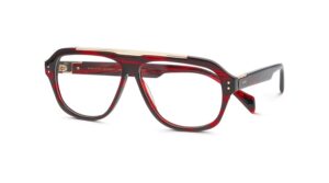 Lunettes de vue de forme aviateur William Morris London Black Label Royal COL 4024 en acétate à motifs rouge et noir avec double pont en métal doré.