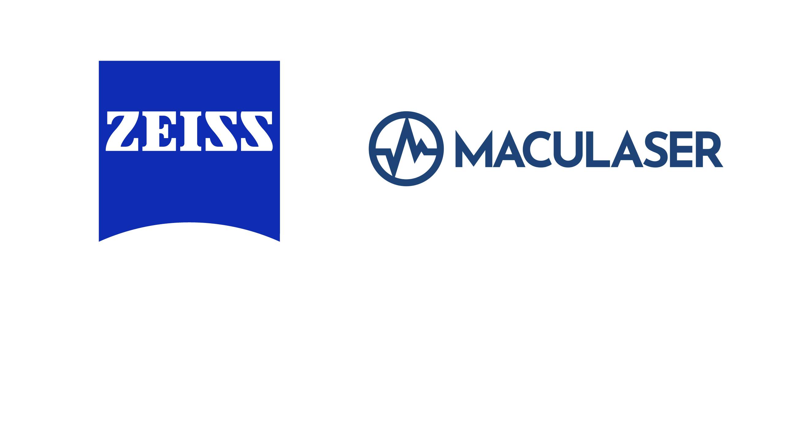 Un logo horizontal combiné sur fond blanc uni. À gauche se trouve le logo ZEISS, avec le mot « ZEISS » en lettres empattées blanches et grasses, inscrit dans un carré bleu uni dont la base présente une légère arche vers le haut. À droite se trouve le logo Maculaser, composé d'une icône circulaire bleu foncé contenant une ligne oscillante en forme de battement de cœur, suivie du nom de la marque « MACULASER » dans une police sans empattement épurée et en lettres majuscules.