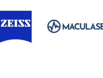 A horizontal lockup logo on a plain white background. On the left is the ZEISS logo, featuring the word "ZEISS" in a bold white serif font enclosed within a solid blue square that has a slight upward arch at the bottom. On the right is the Maculaser logo, consisting of a dark blue circular icon containing a jagged, heartbeat-like wave line, followed by the brand name "MACULASER" in a clean, all-caps sans-serif font.