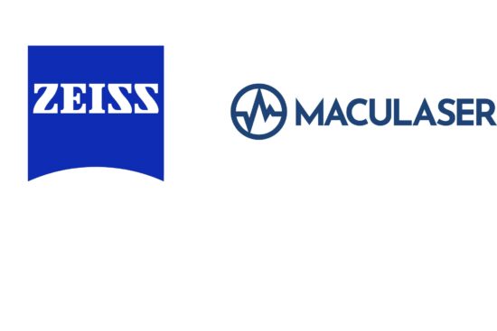 A horizontal lockup logo on a plain white background. On the left is the ZEISS logo, featuring the word "ZEISS" in a bold white serif font enclosed within a solid blue square that has a slight upward arch at the bottom. On the right is the Maculaser logo, consisting of a dark blue circular icon containing a jagged, heartbeat-like wave line, followed by the brand name "MACULASER" in a clean, all-caps sans-serif font.