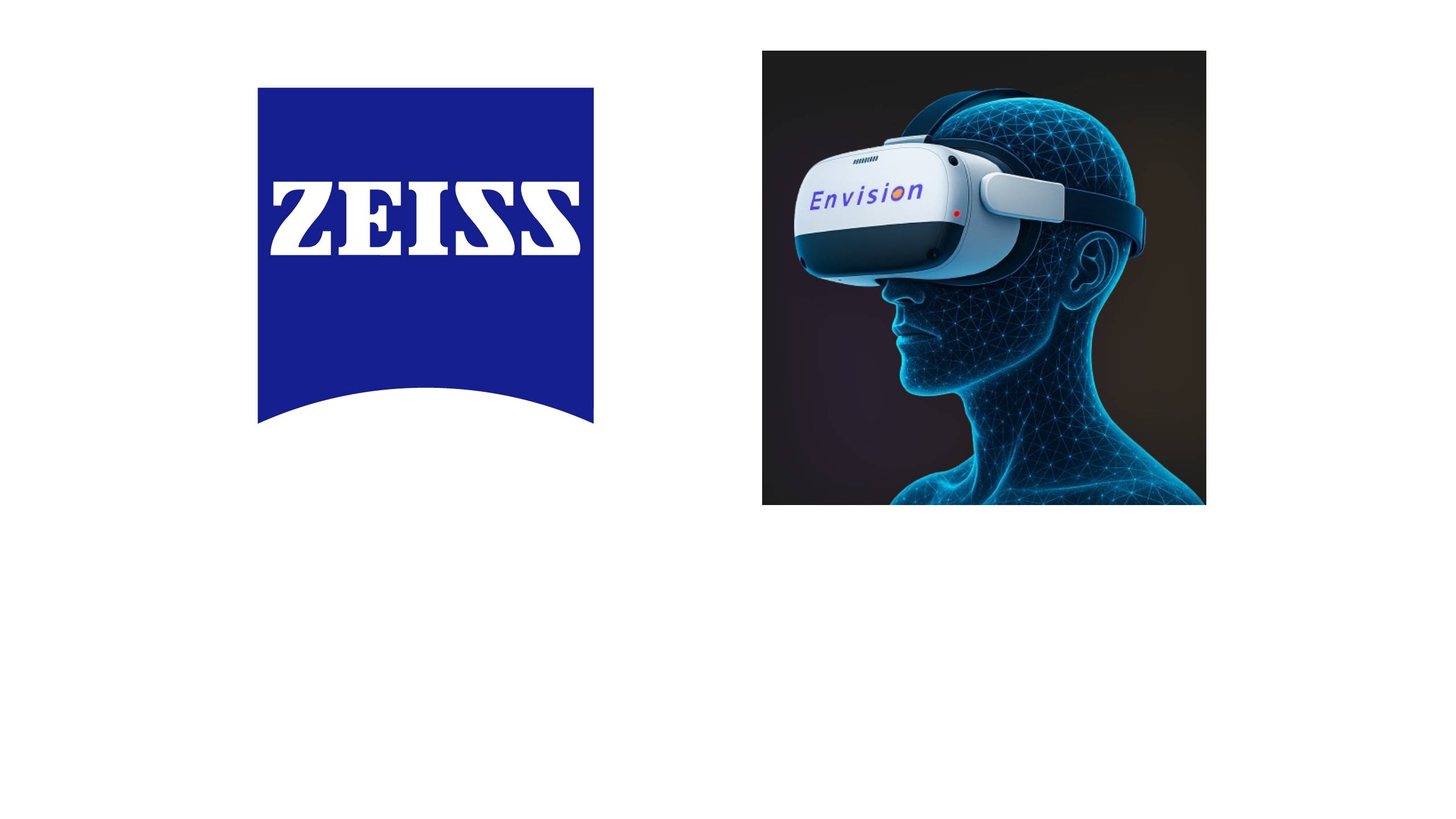 Logos côte à côte : le logo ZEISS en texte gras blanc sur un fond bleu en forme de bouclier, et l'image du produit casque VR Envision montrant une figure humaine en filaire de profil portant un casque blanc étiqueté « Envision », sur fond blanc.