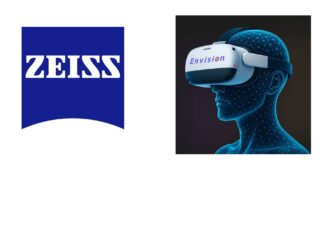 Side-by-side logos: the ZEISS logo in white bold text on a blue shield-shaped background, and the Envision VR headset product image showing a wireframe human figure in profile wearing a white headset labeled 'Envision', on a white background.